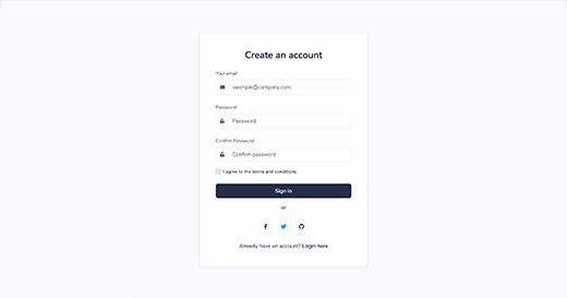 Sign up page preview